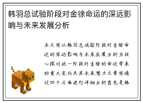 韩羽总试验阶段对金徐命运的深远影响与未来发展分析