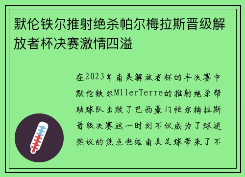 默伦铁尔推射绝杀帕尔梅拉斯晋级解放者杯决赛激情四溢